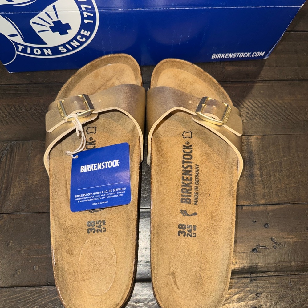 Birkenstock Madrid Birko-Flor Sandals Gold NWT w/original box. Size 38 (7.5 US)